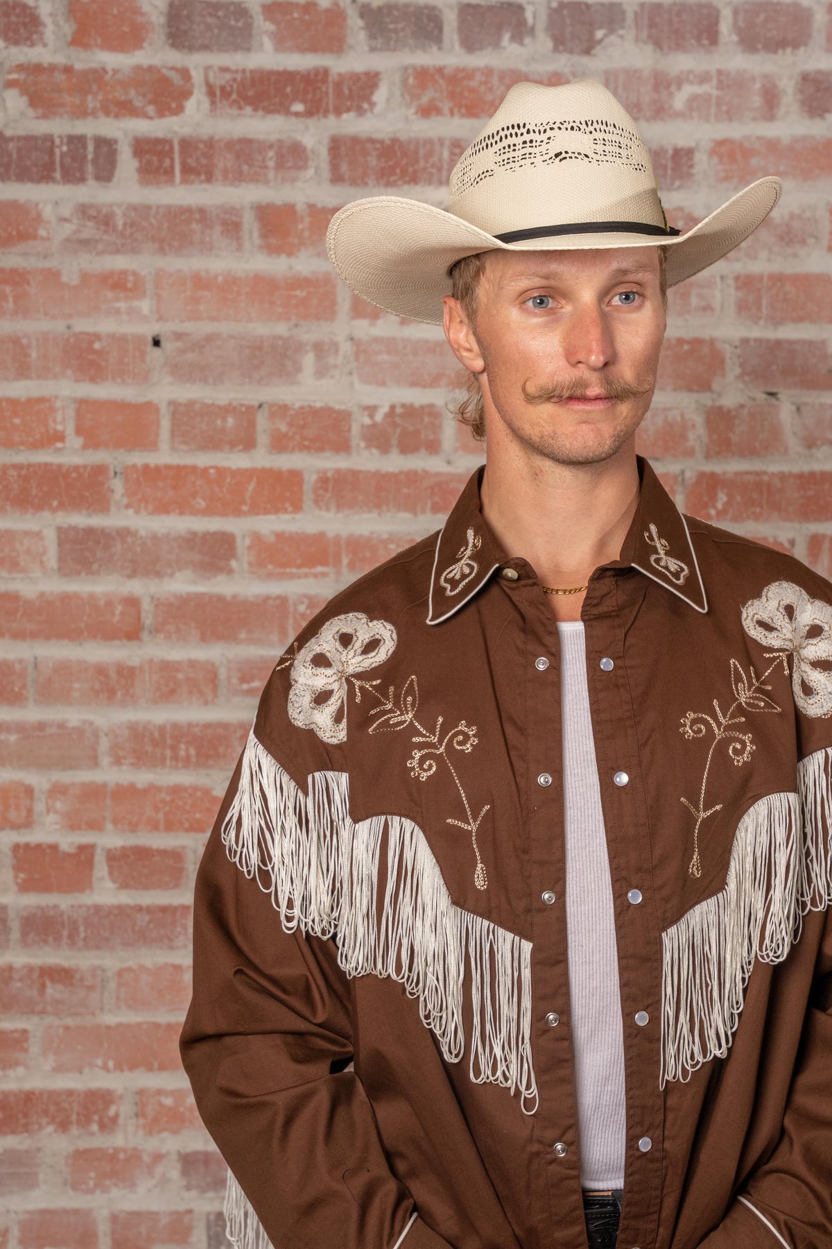 Men's Vintage Fringe Brown Embroidered Western Shirt by Rockmount Ranch Wear, genuine hand chenille embroidery