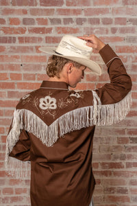 Men's Vintage Fringe Brown Embroidered Western Shirt by Rockmount Ranch Wear, vintage fringe and embroidered floral