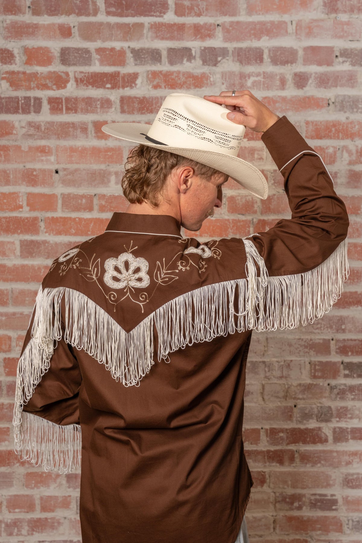 Men's Vintage Fringe Brown Embroidered Western Shirt by Rockmount Ranch Wear, vintage fringe and embroidered floral
