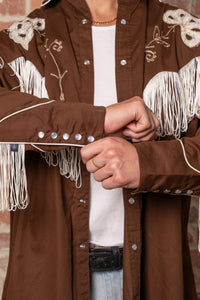 Men's Vintage Fringe Brown Embroidered Western Shirt by Rockmount Ranch Wear with fringe and hand chenille embroidery