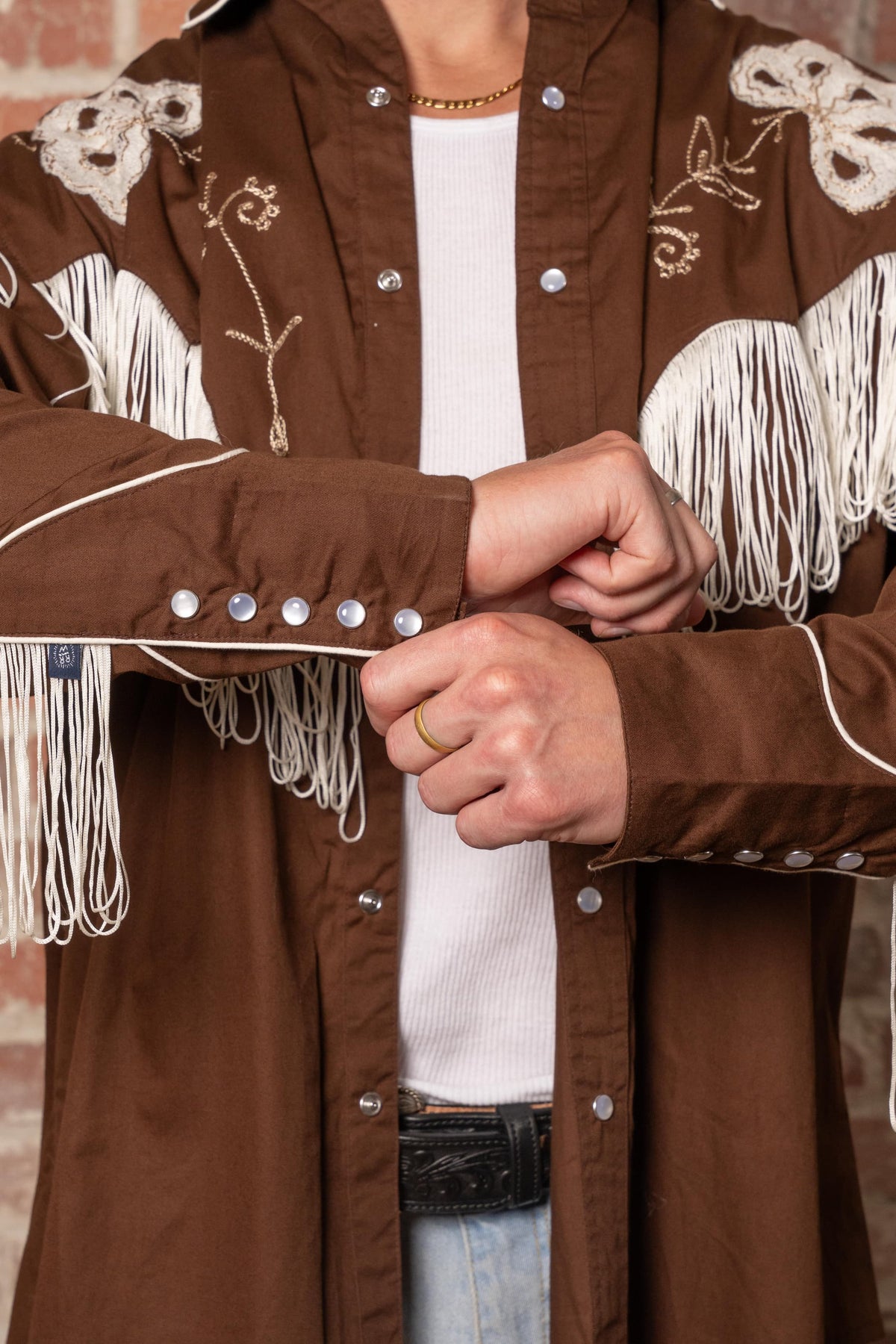 Men's Vintage Fringe Brown Embroidered Western Shirt by Rockmount Ranch Wear with fringe and hand chenille embroidery