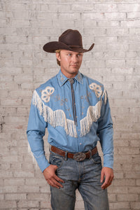 Men's Vintage Fringe Denim Embroidered Western Shirt
