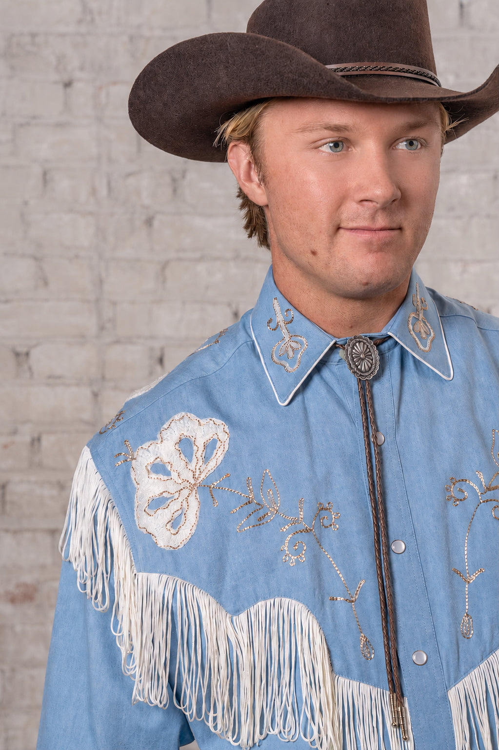 Men's Vintage Fringe Denim Embroidered Western Shirt