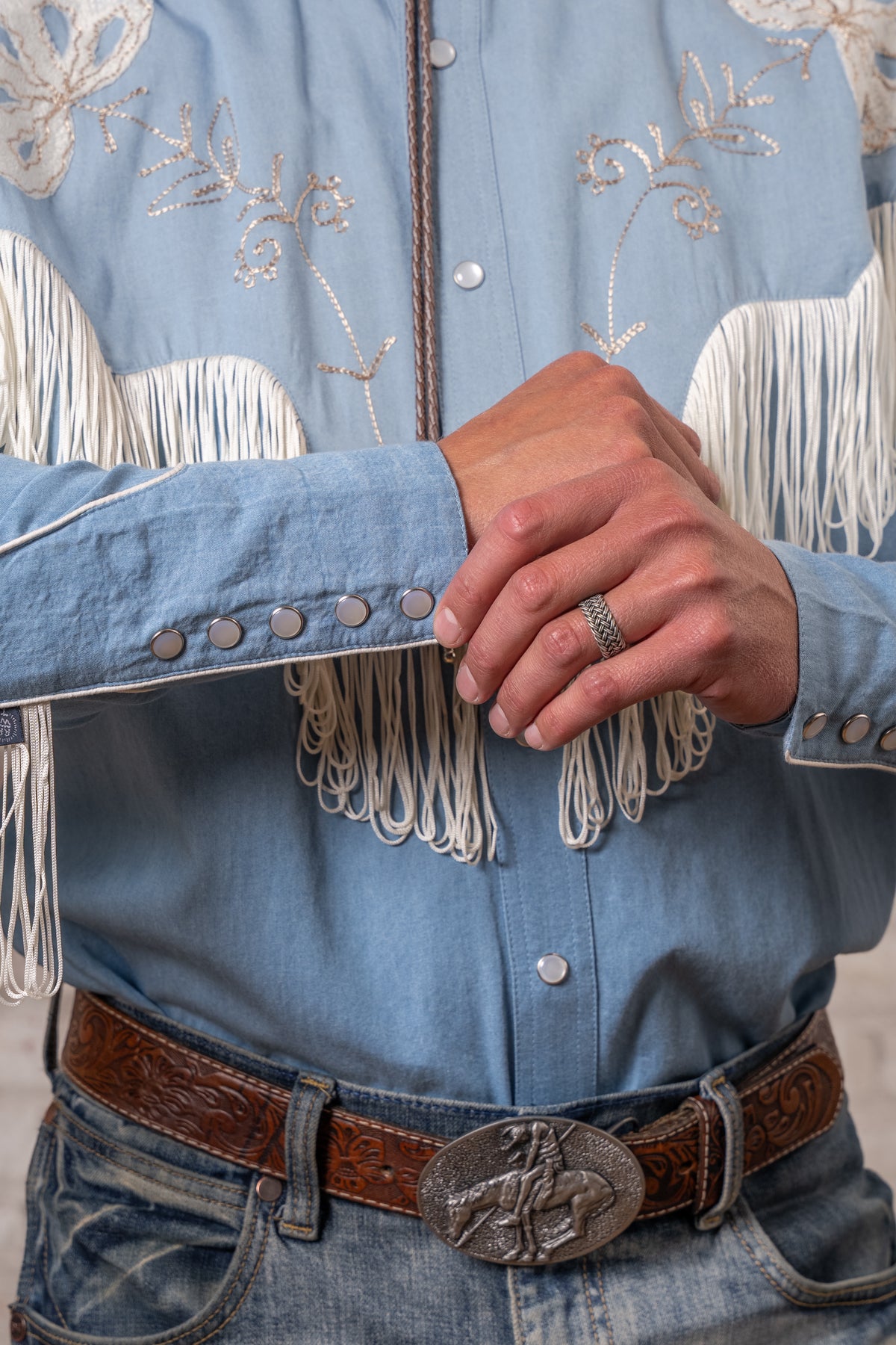 Men's Vintage Fringe Denim Embroidered Western Shirt