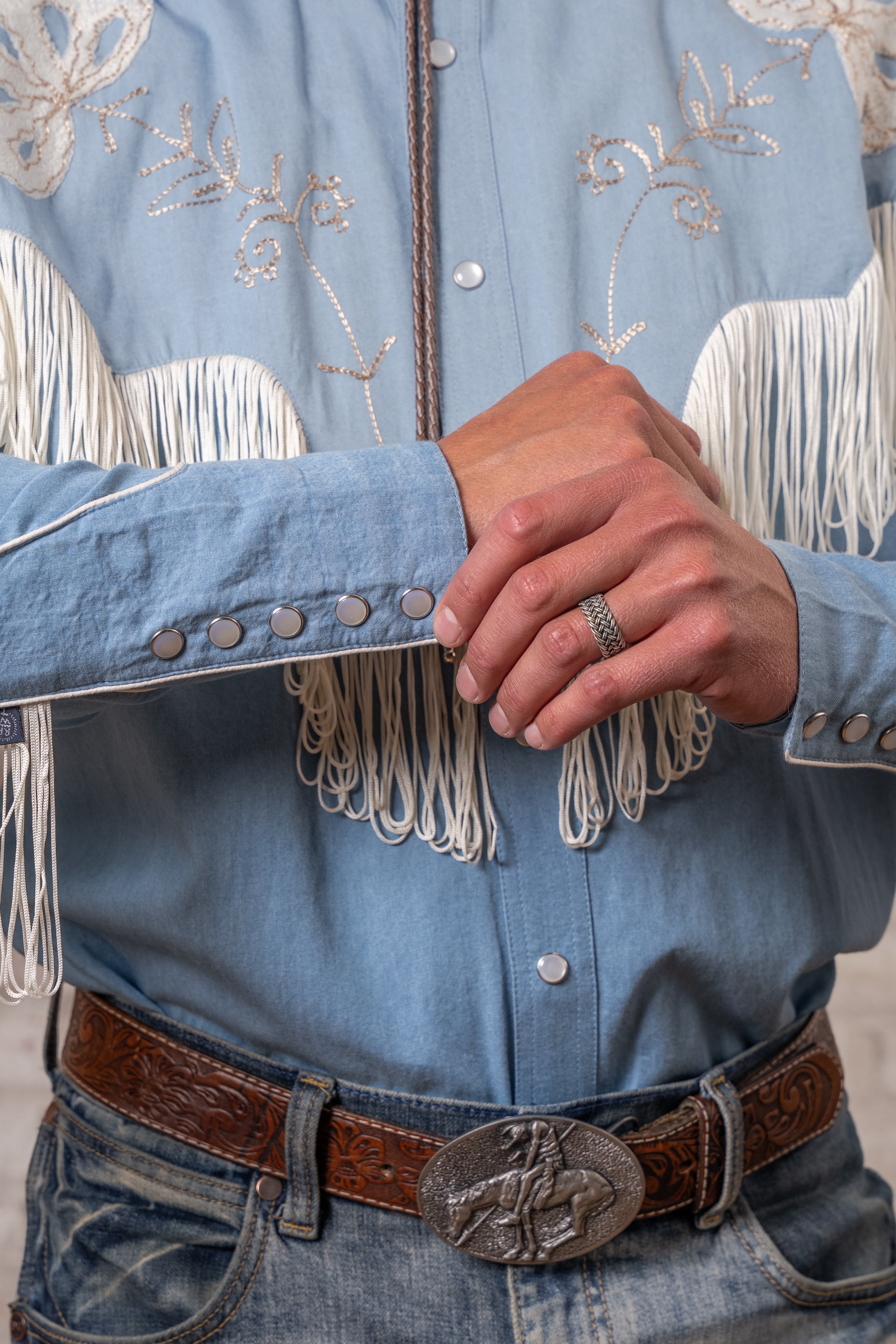 Men's Vintage Fringe Denim Embroidered Western Shirt
