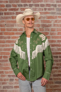Men's Vintage Green Fringe Embroidered Western Shirt by Rockmount Ranch Wear with genuine hand chenille embroidery