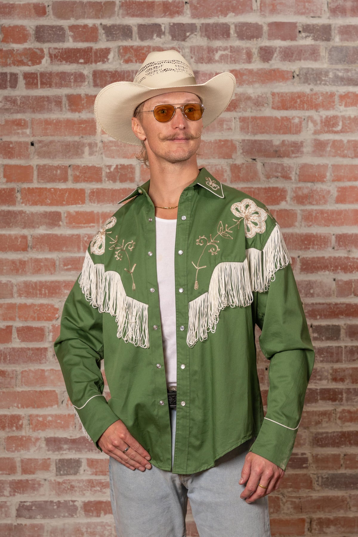 Men's Vintage Green Fringe Embroidered Western Shirt by Rockmount Ranch Wear with genuine hand chenille embroidery