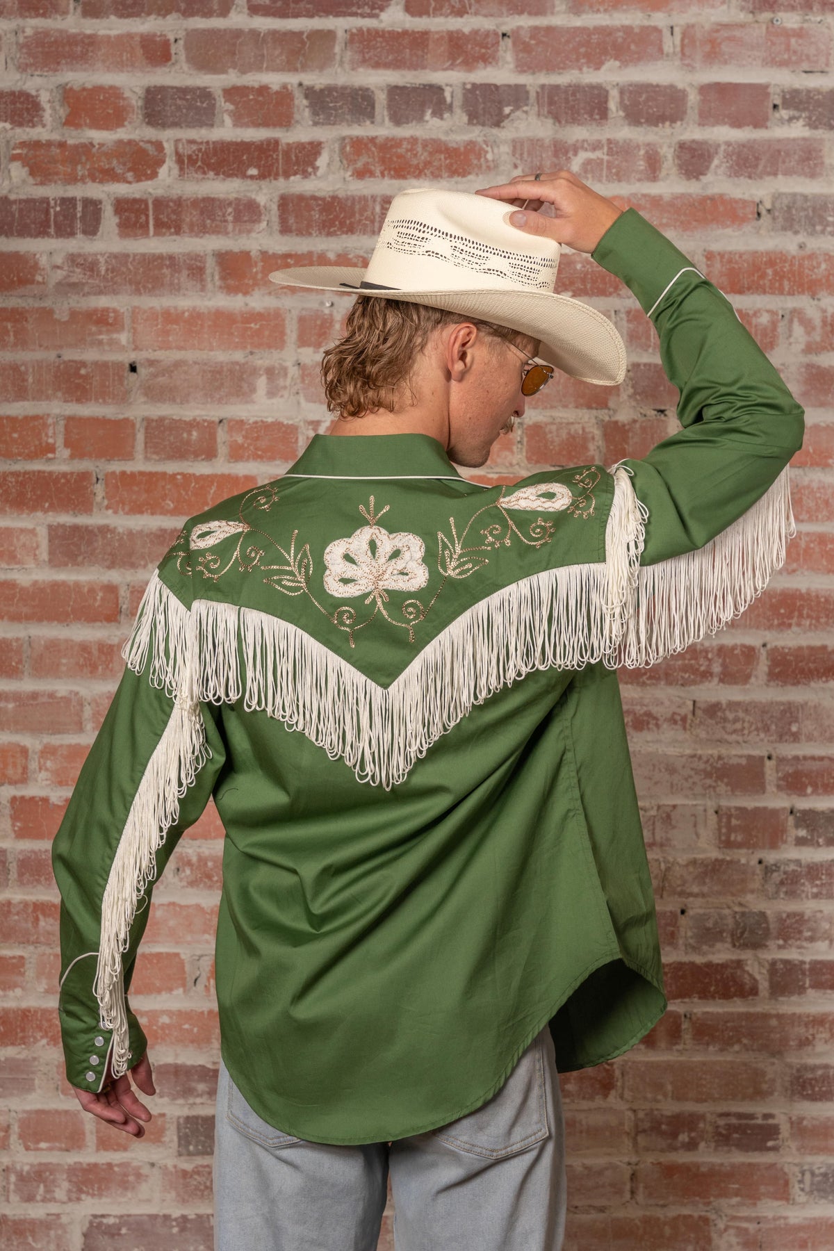 Men's Vintage Green Fringe Embroidered Western Shirt