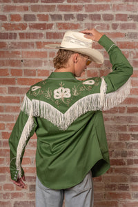 Men's Vintage Green Fringe Embroidered Western Shirt by Rockmount Ranch Wear with fringe western shirt details
