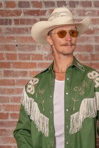 Men's Vintage Green Fringe Embroidered Western Shirt by Rockmount Ranch Wear with genuine hand chenille embroidery