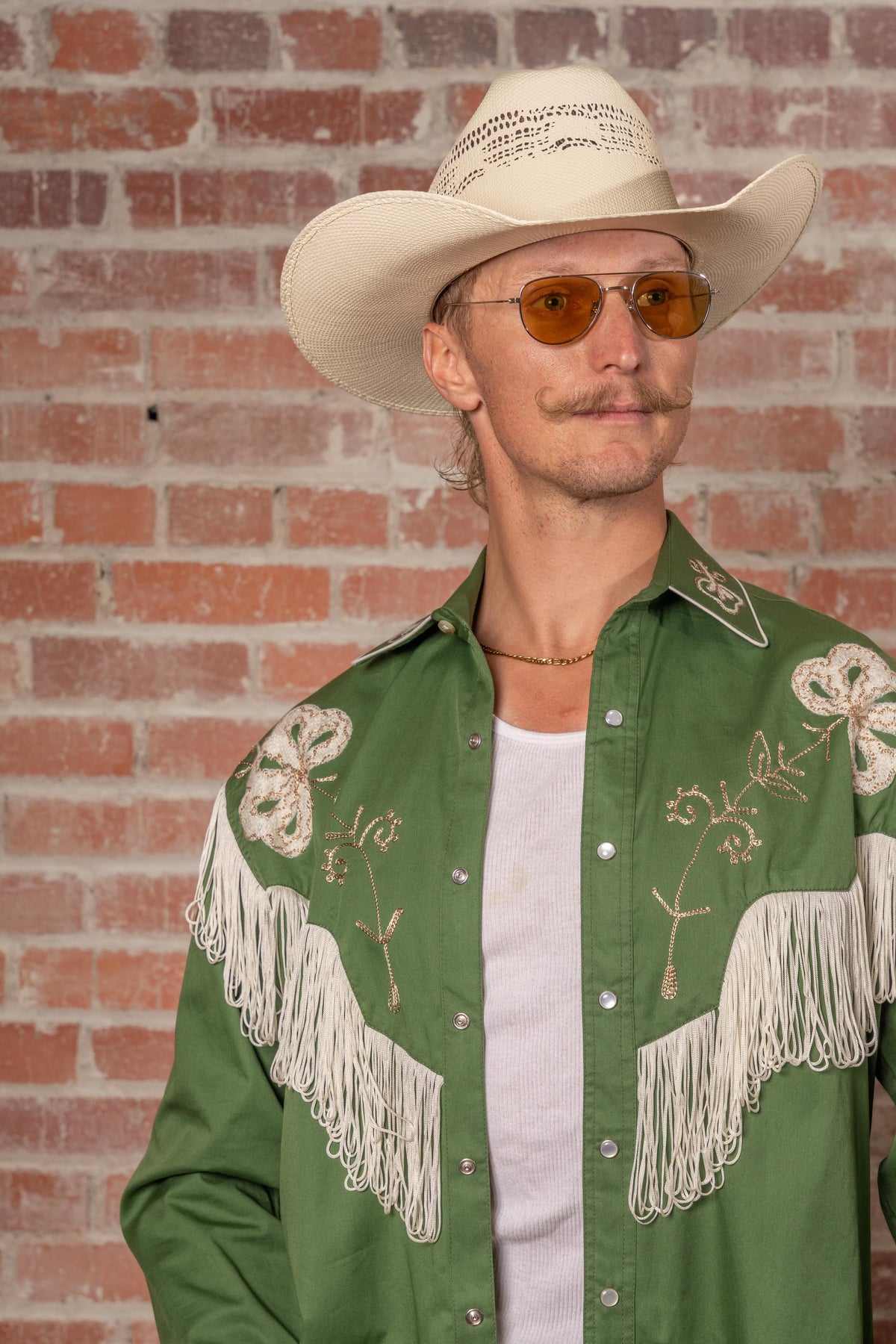 Men's Vintage Green Fringe Embroidered Western Shirt by Rockmount Ranch Wear with genuine hand chenille embroidery