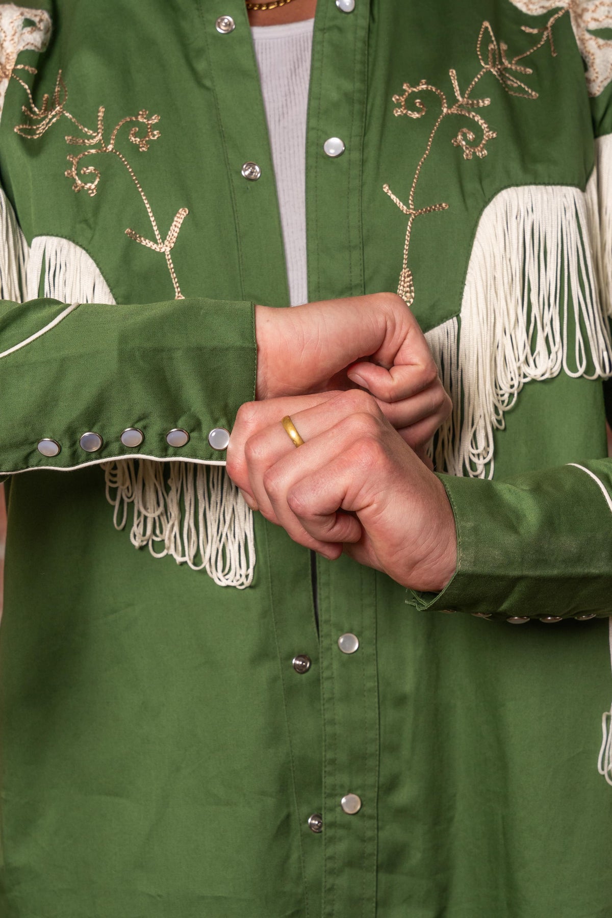 Men's Vintage Green Fringe Embroidered Western Shirt by Rockmount Ranch Wear with western wear fringe