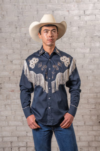 Men's Vintage Fringe Navy Embroidered Western Shirt