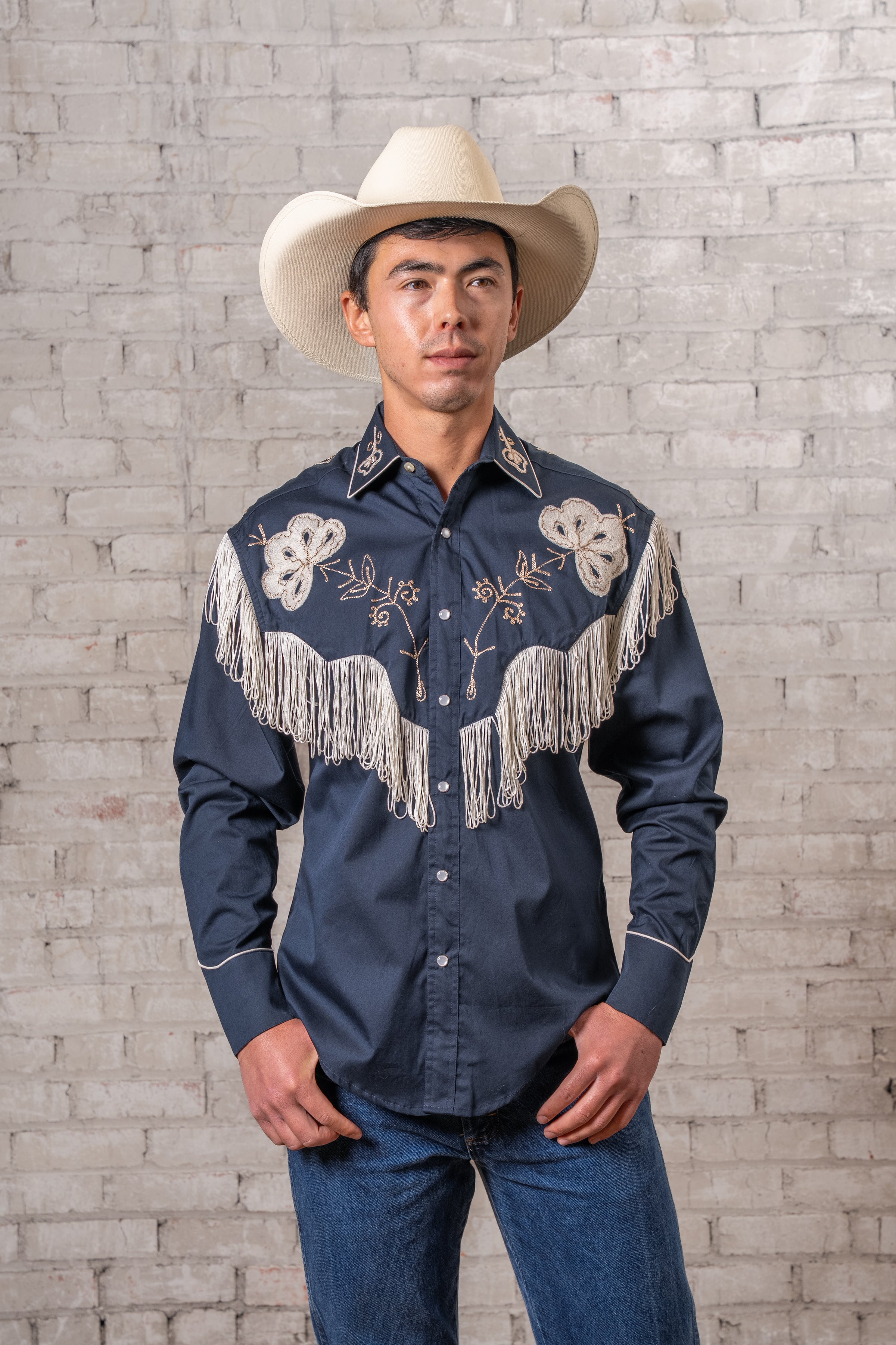 Men's Vintage Fringe Navy Embroidered Western Shirt