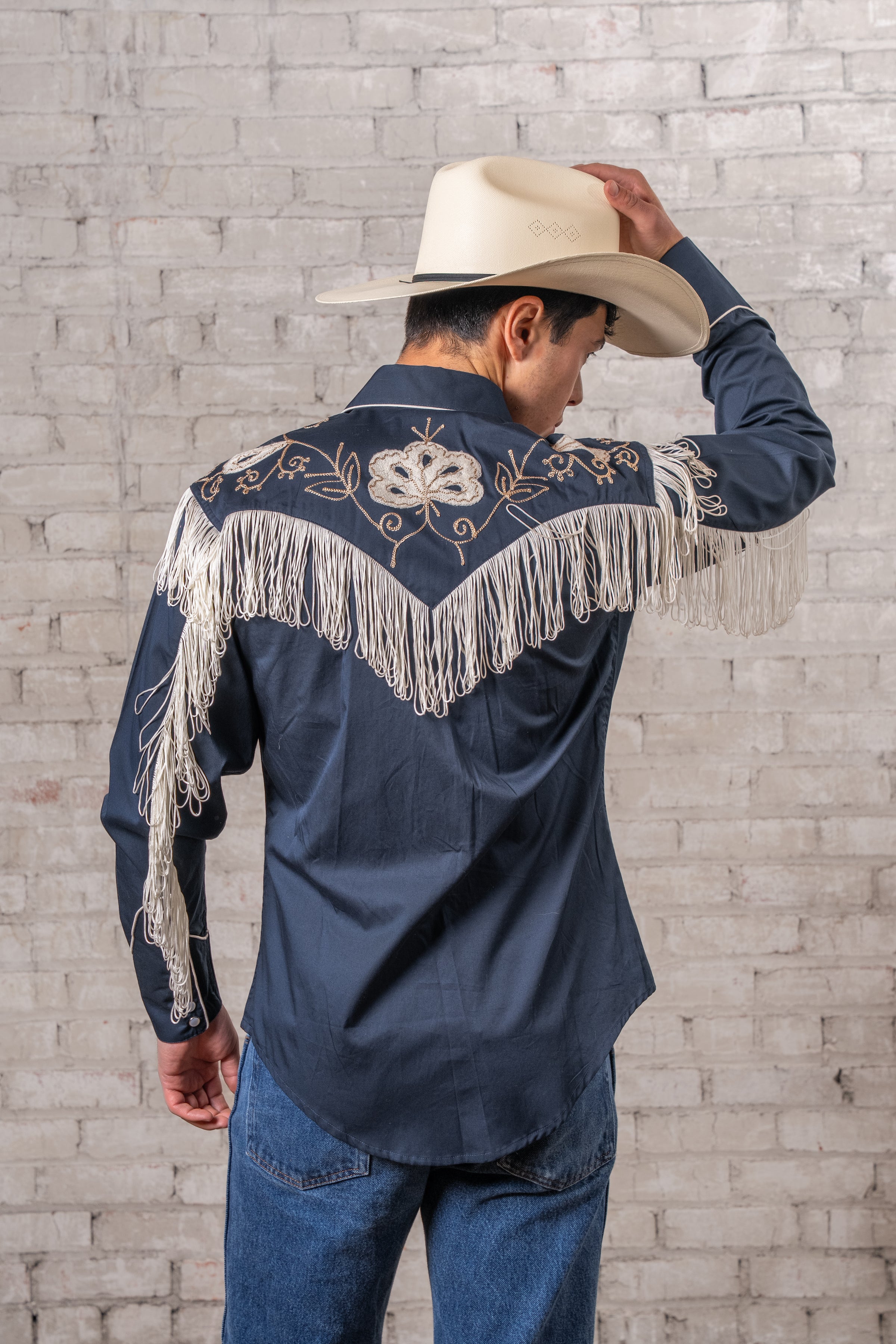 Men's Vintage Fringe Navy Embroidered Western Shirt