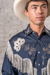 Men's Vintage Fringe Navy Embroidered Western Shirt