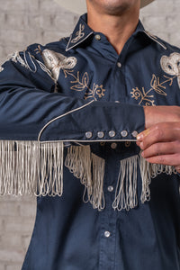 Men's Vintage Fringe Navy Embroidered Western Shirt