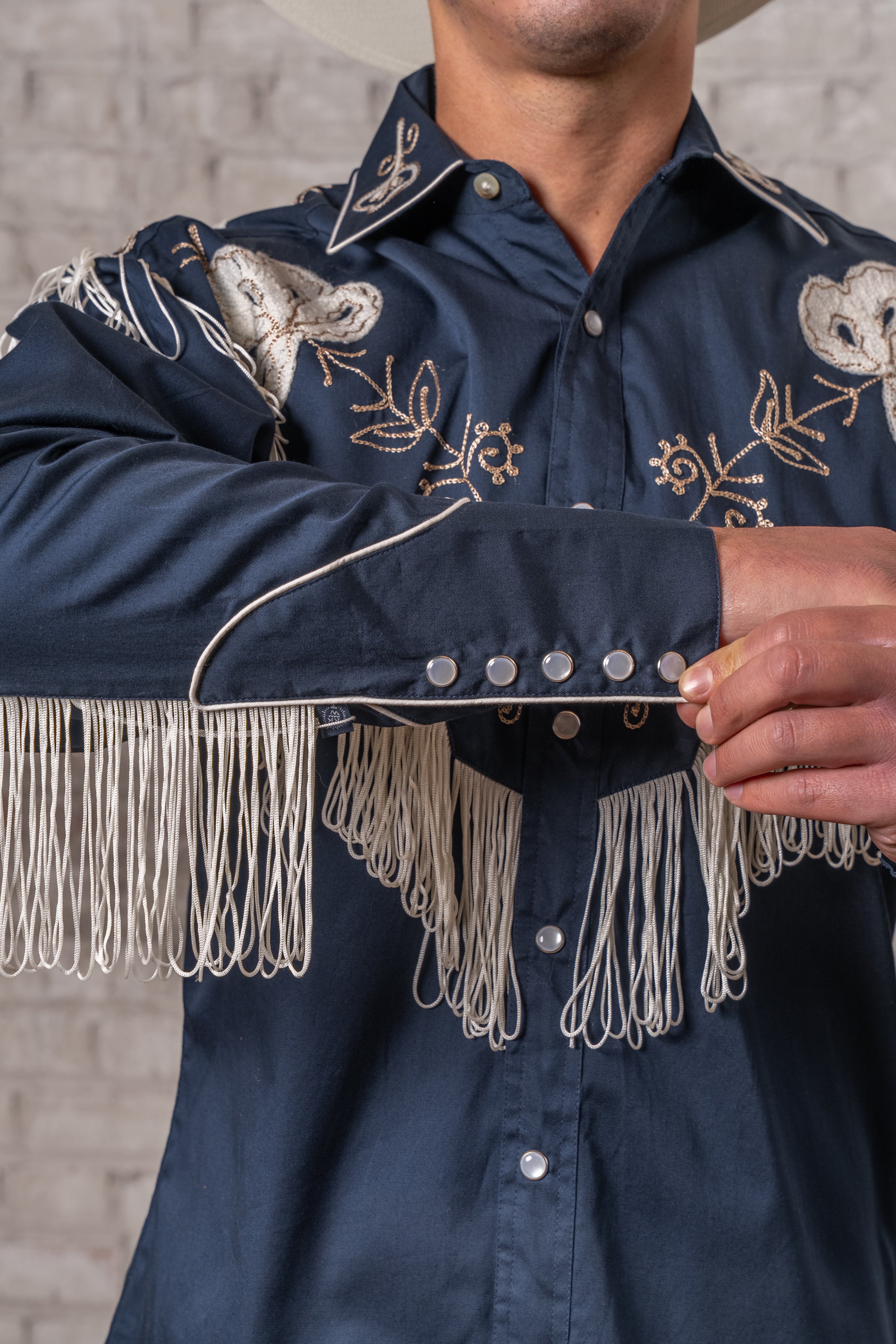 Men's Vintage Fringe Navy Embroidered Western Shirt
