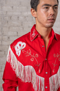 Men's Vintage Red Fringe Embroidered Western Shirt