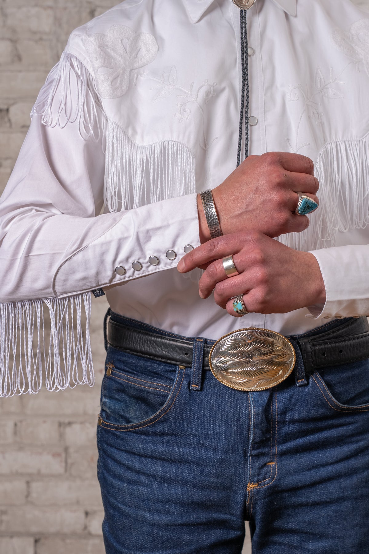 Men's Vintage White Fringe Embroidered Western Shirt