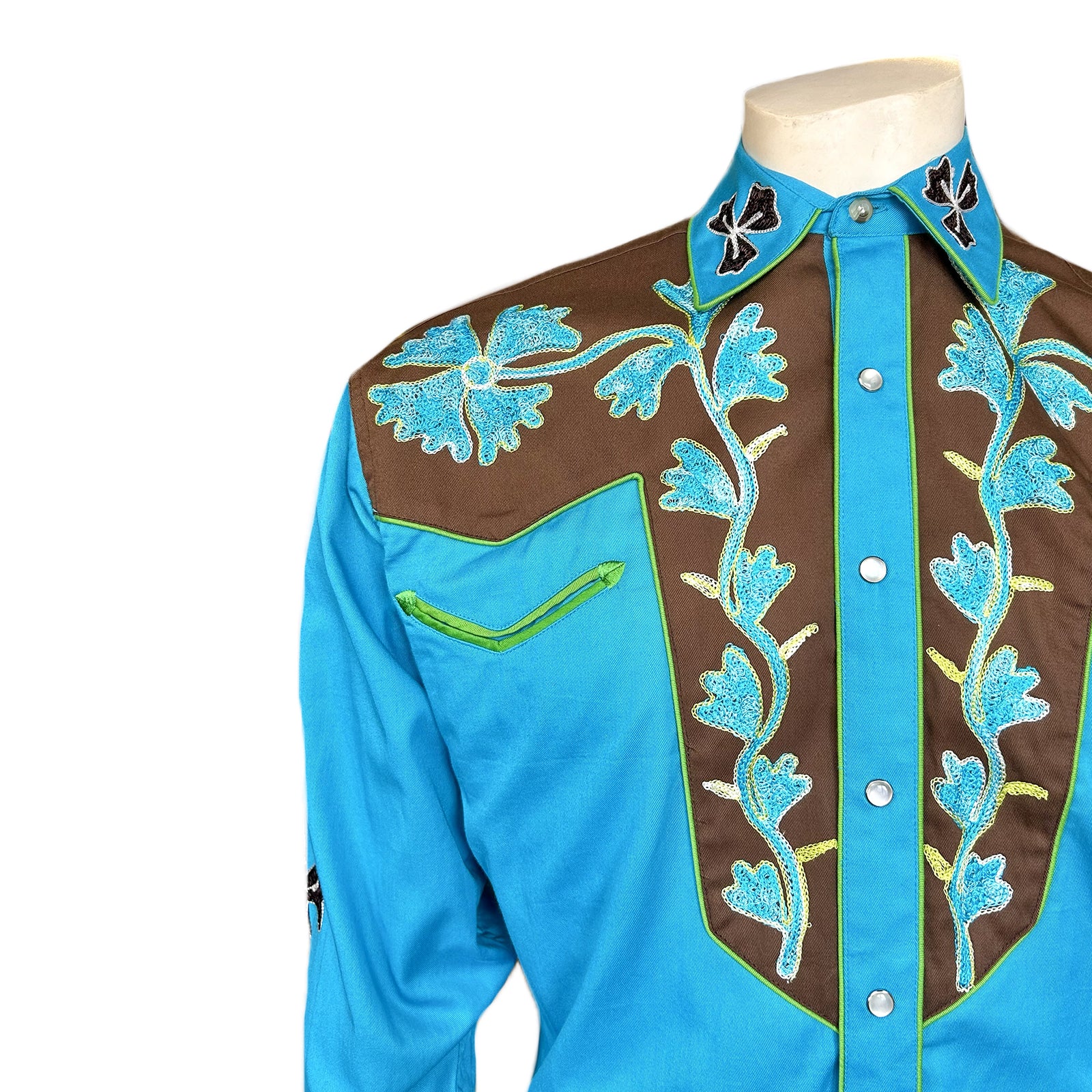 Men's Floral 2-Tone Brown & Turquoise Embroidered Western Shirt - Rockmount