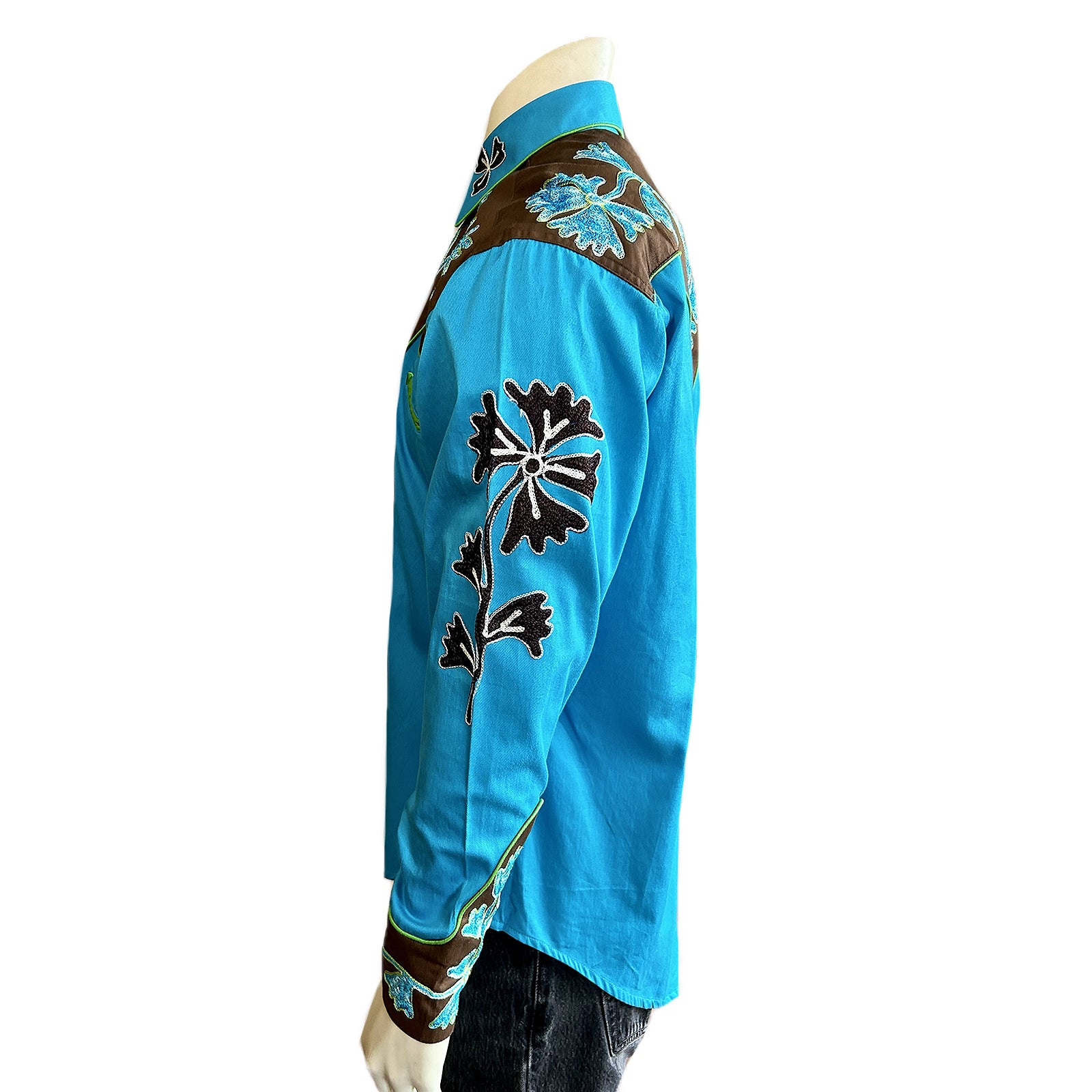 Men's Floral 2-Tone Brown & Turquoise Embroidered Western Shirt - Rockmount