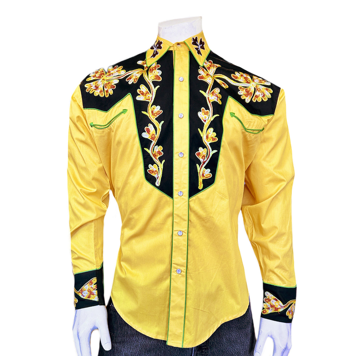 Men's Floral 2-Tone Black & Gold Embroidered Western Shirt - Rockmount
