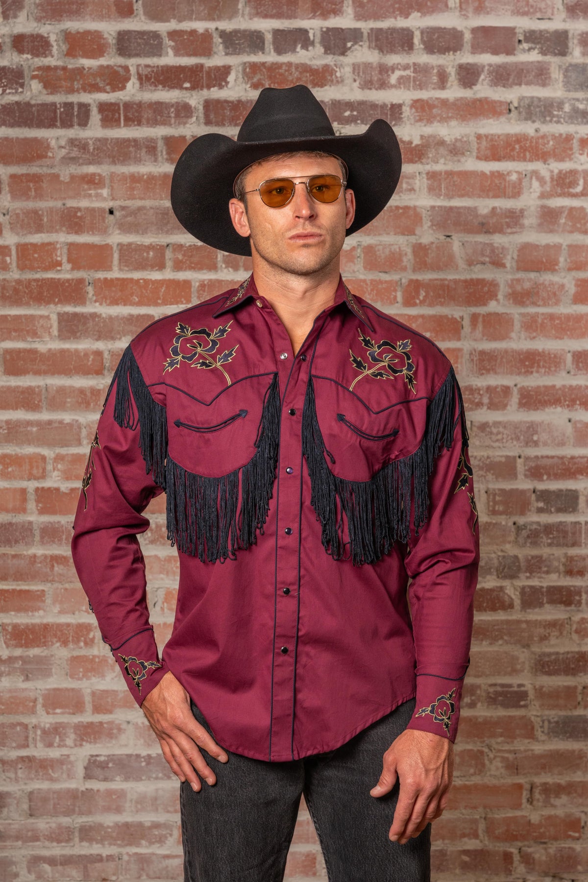 Men's Vintage Burgundy Fringe Embroidered Western Shirt by Rockmount Ranch Wear with fringe western wear