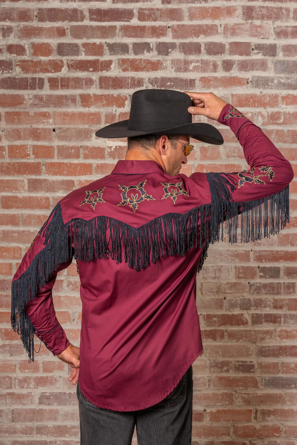 Men's Vintage Burgundy Fringe Embroidered Western Shirt by Rockmount Ranch Wear with floral embroidery and fringe