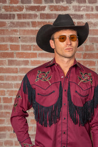 Men's Vintage Burgundy Fringe Embroidered Western Shirt by Rockmount Ranch Wear with fringe embroidered floral roses