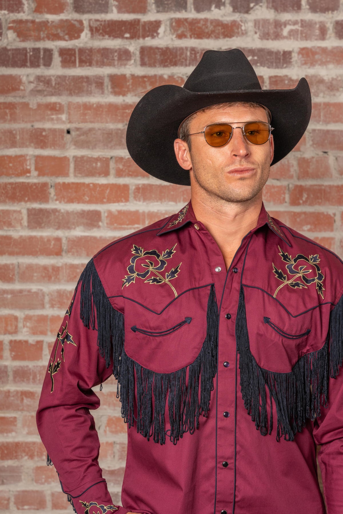 Men's Vintage Burgundy Fringe Embroidered Western Shirt by Rockmount Ranch Wear with fringe embroidered floral roses
