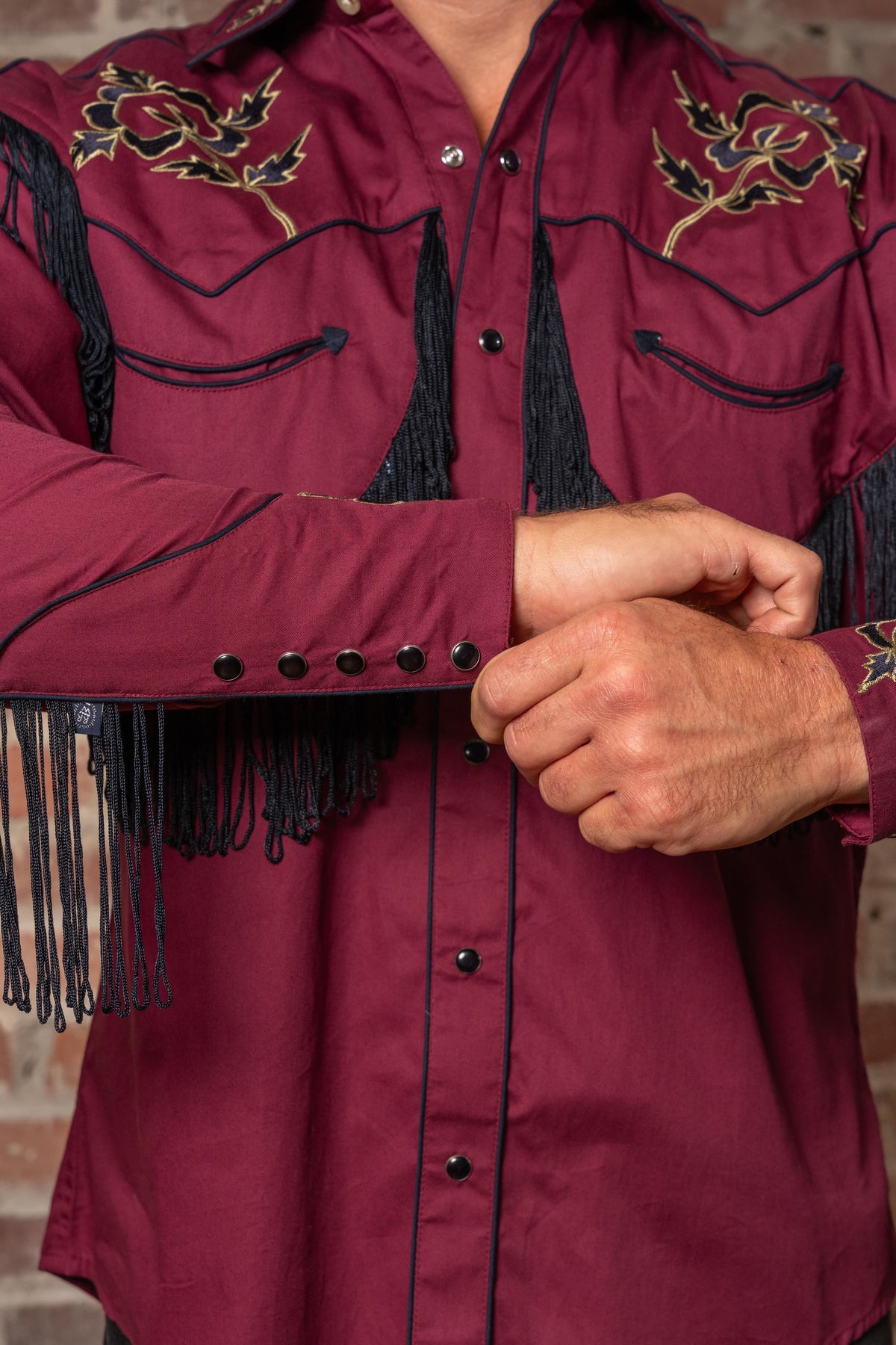 Men's Vintage Burgundy Fringe Embroidered Western Shirt