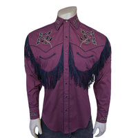 Men's Vintage Burgundy Fringe Embroidered Western Shirt
