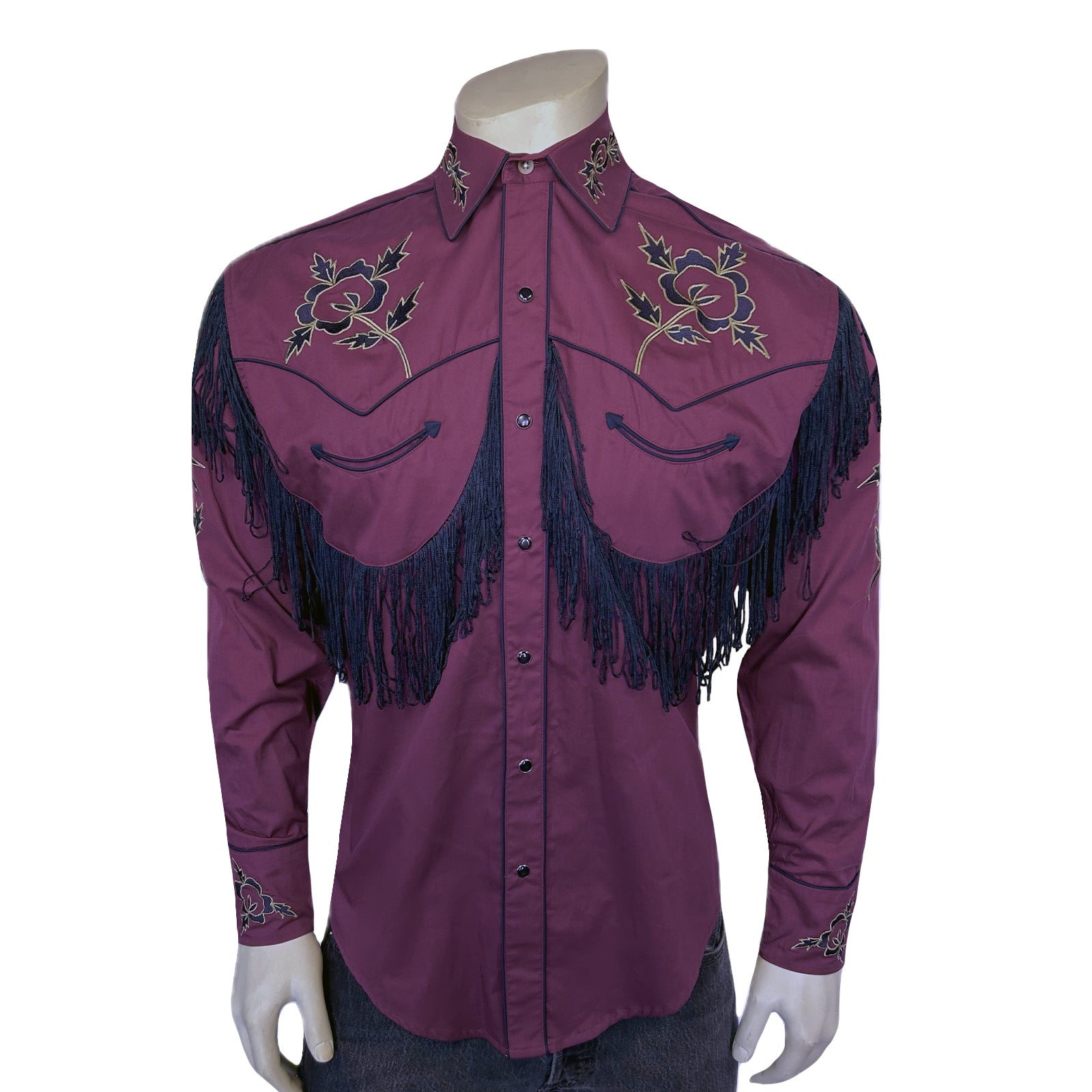 Men's Vintage Burgundy Fringe Embroidered Western Shirt