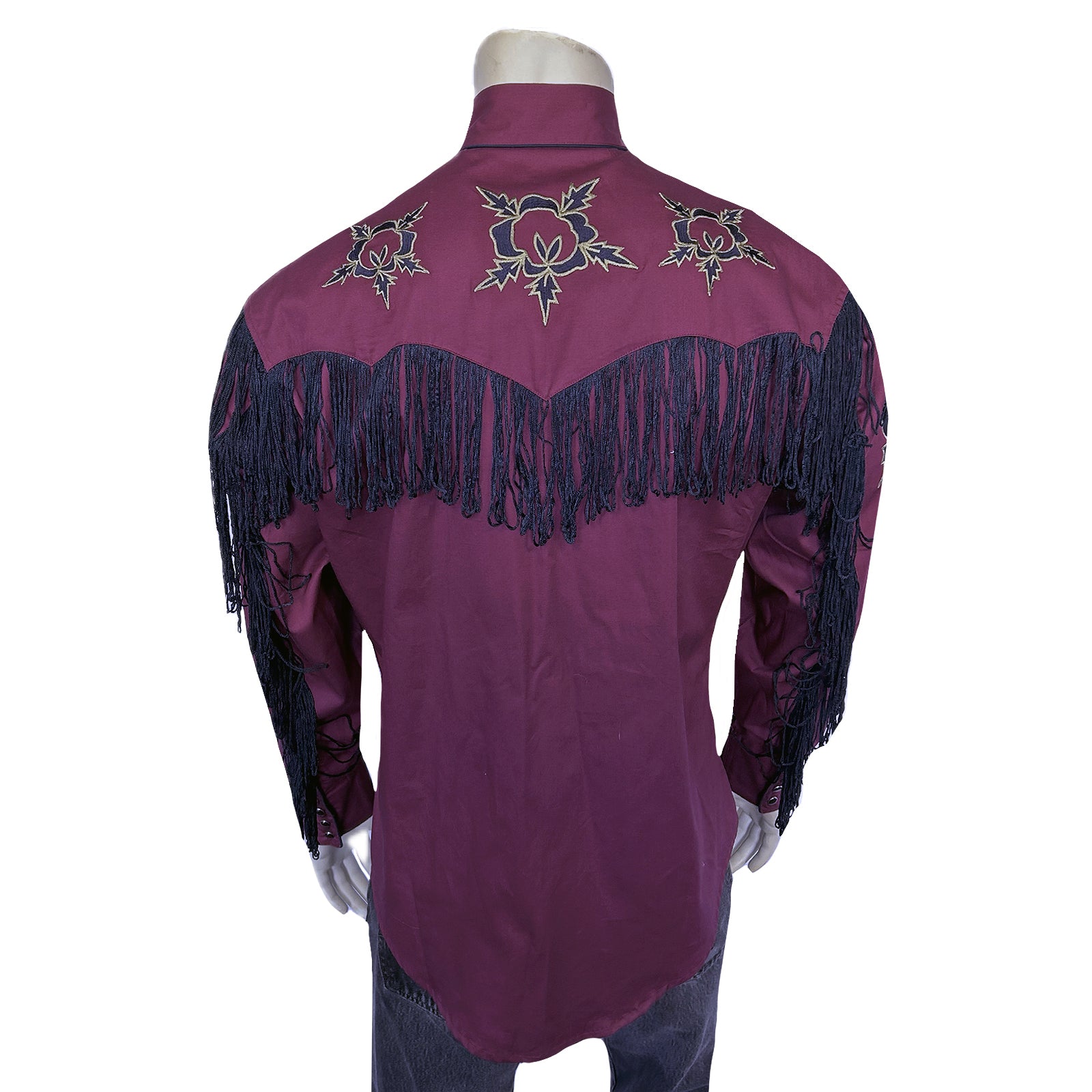 Men's Vintage Burgundy Fringe Embroidered Western Shirt