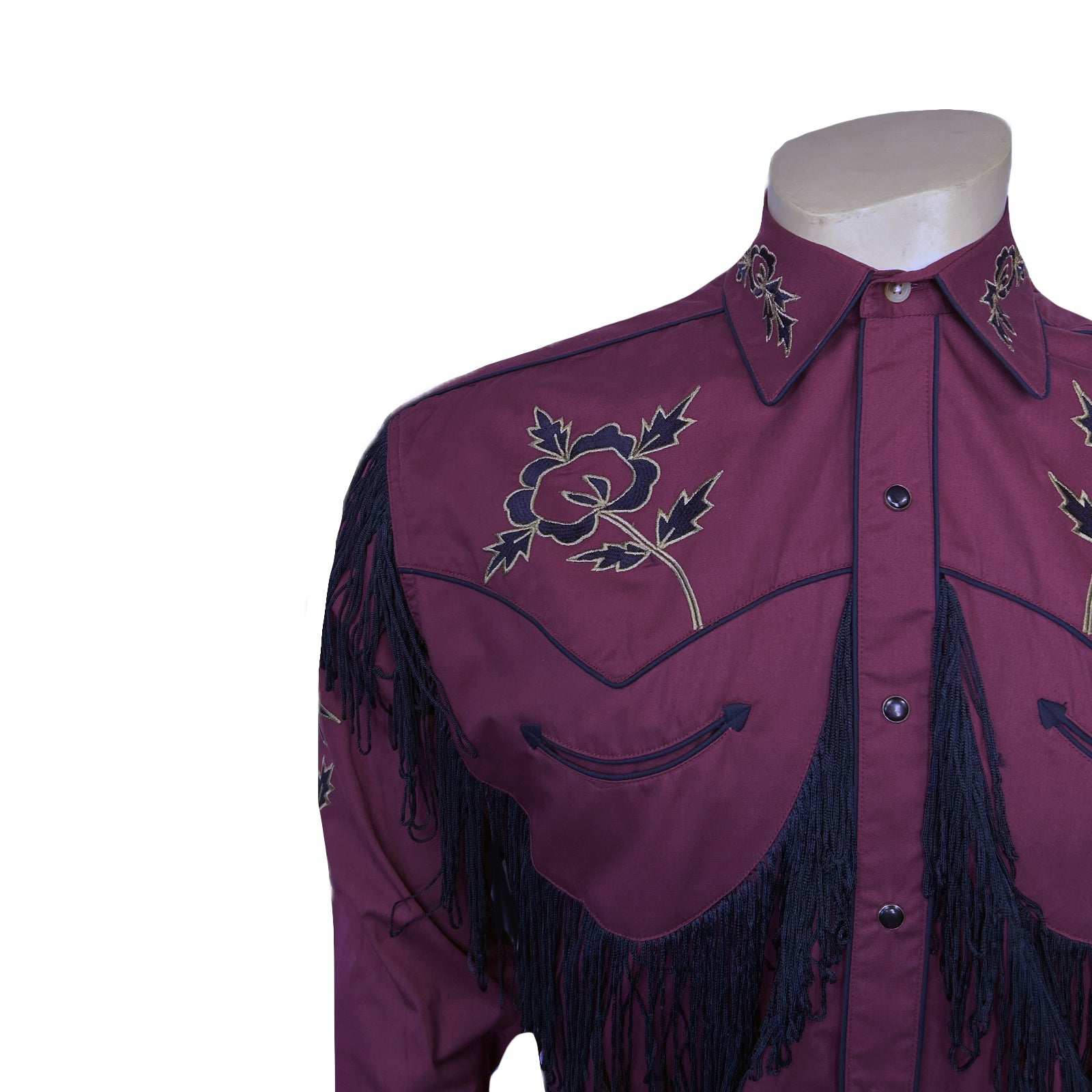 Men's Vintage Burgundy Fringe Embroidered Western Shirt