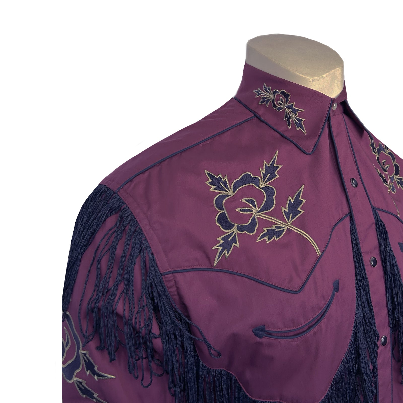 Men's Vintage Burgundy Fringe Embroidered Western Shirt