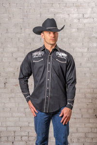 Men's Vintage Black American Bison Embroidered Western Shirt