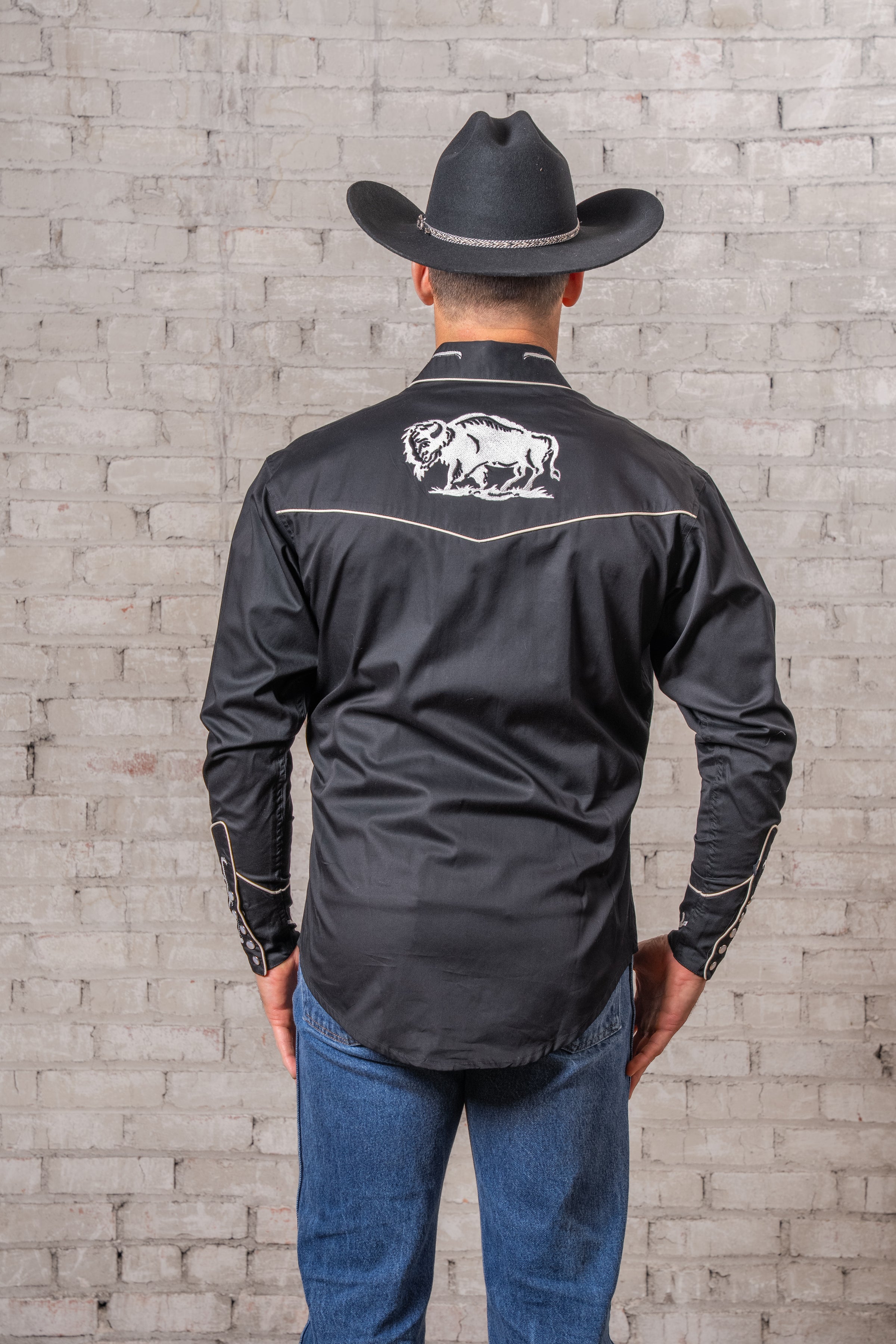 Men's Vintage Black American Bison Embroidered Western Shirt