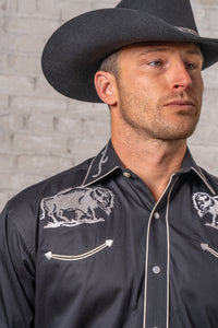 Men's Vintage Black American Bison Embroidered Western Shirt