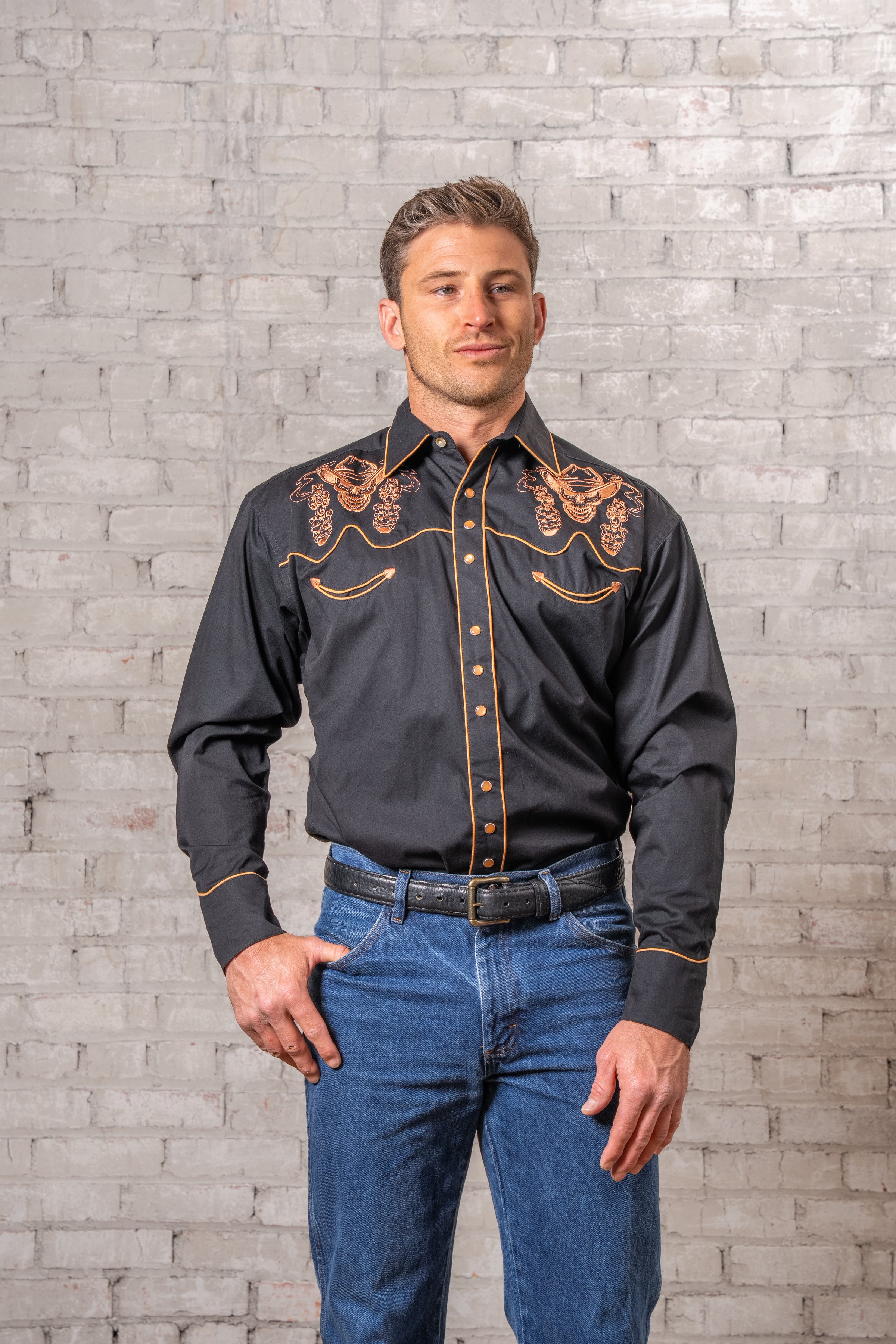 Men's Black Dead Cowboy Guns Blazing Embroidered Western Shirt