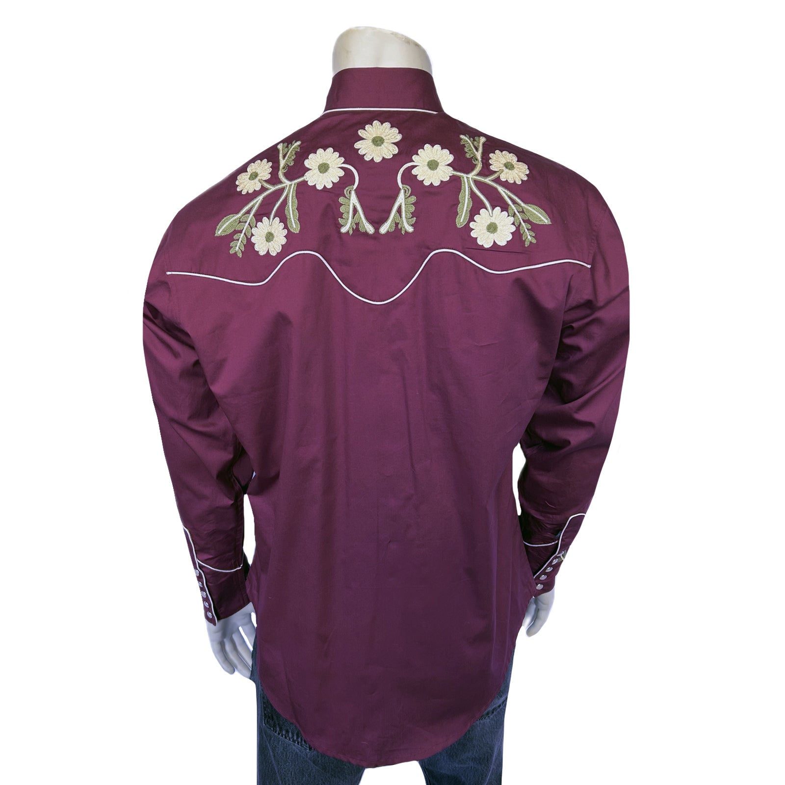 Men's Vintage Burgundy Floral Embroidered Western Shirt
