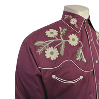 Men's Vintage Burgundy Floral Embroidered Western Shirt