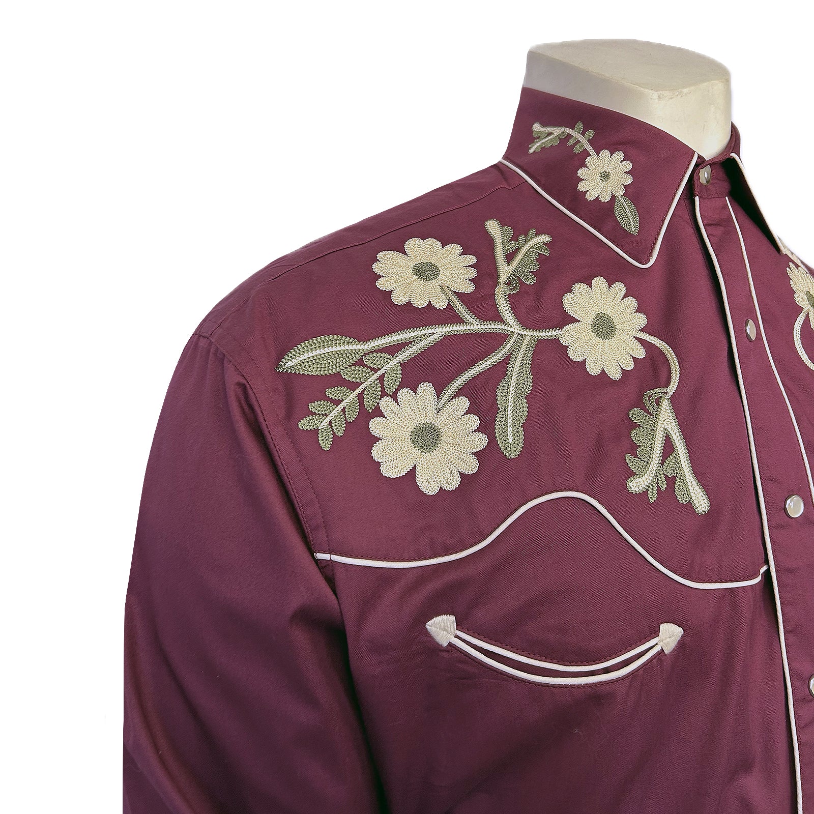 Men's Vintage Burgundy Floral Embroidered Western Shirt