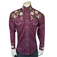 Men's Vintage Burgundy Floral Embroidered Western Shirt