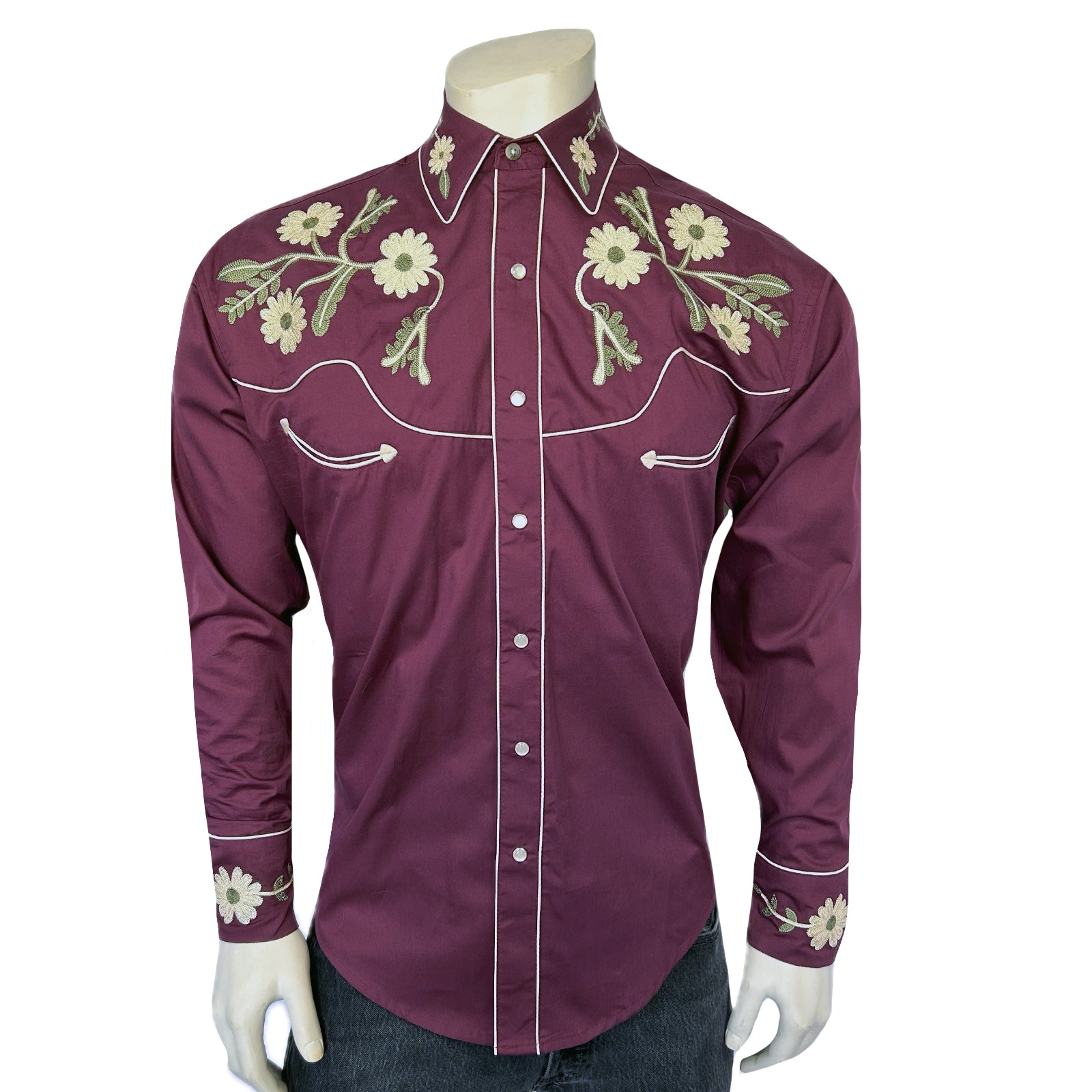 Men's Vintage Burgundy Floral Embroidered Western Shirt