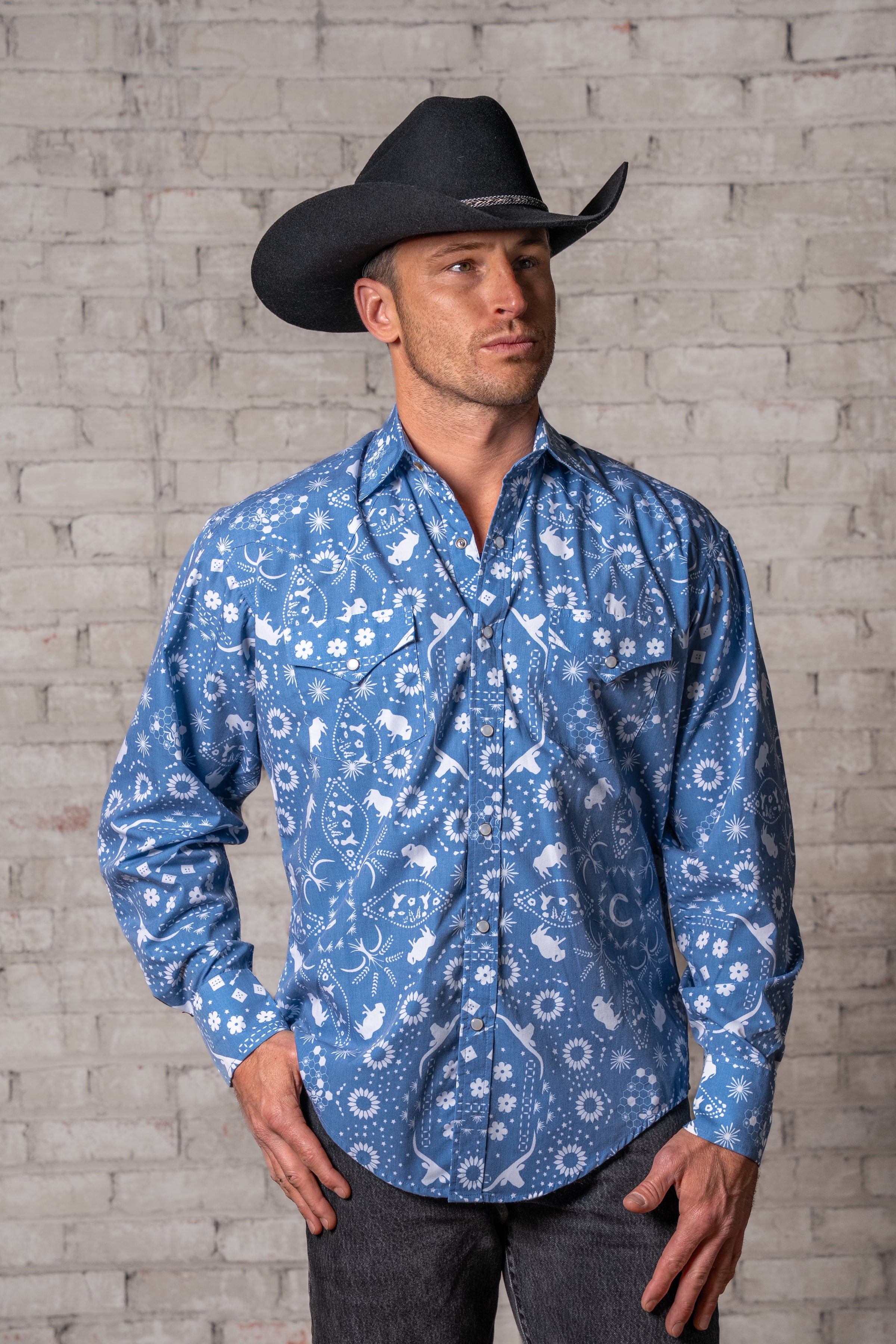 Men's Blue Bison Bandana Print Western Shirt