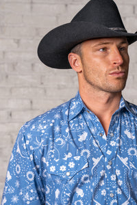 Men's Blue Bison Bandana Print Western Shirt