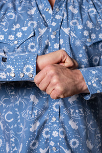 Men's Blue Bison Bandana Print Western Shirt