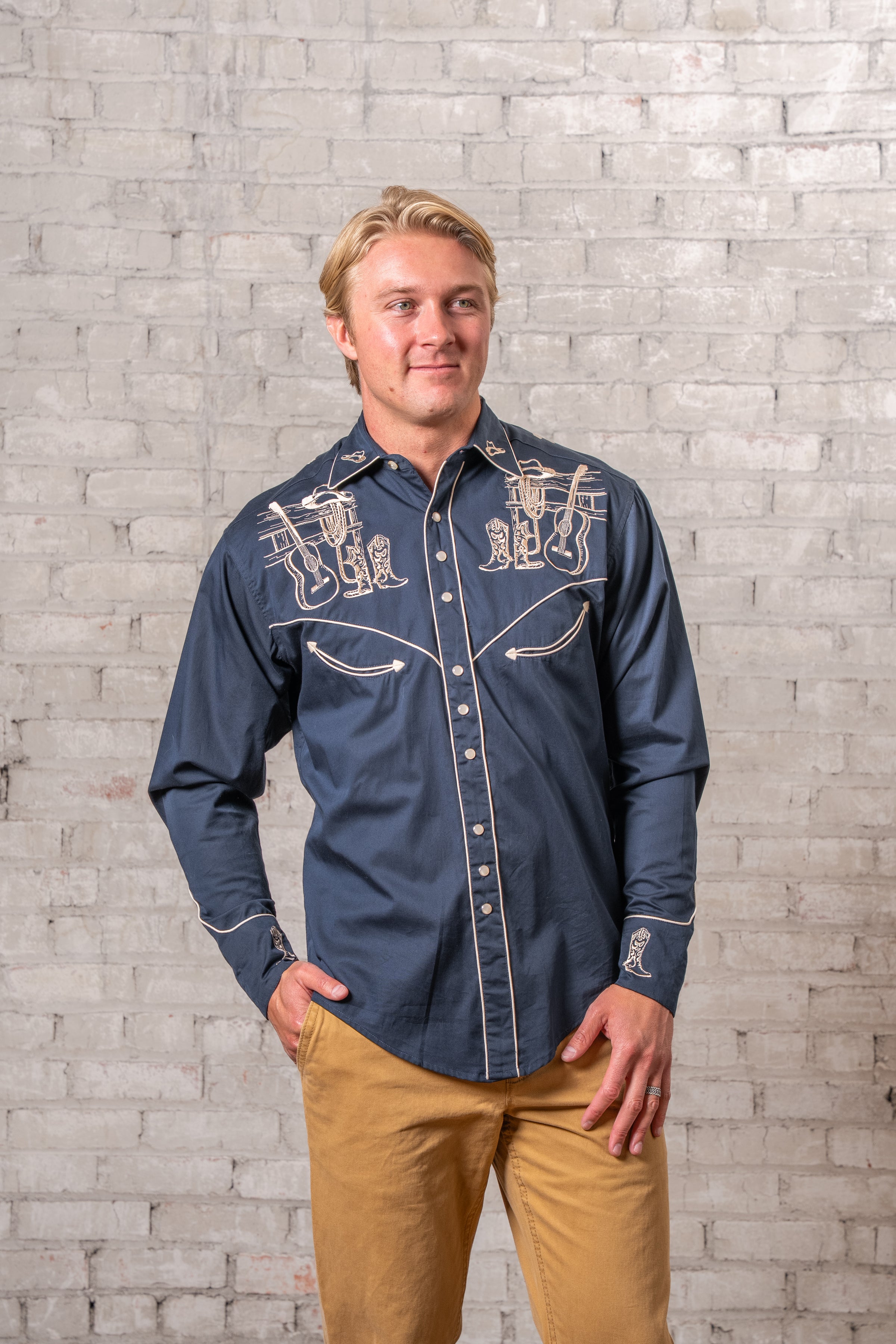 Men’s Navy Guitar, Boot & Hat Embroidered Western Shirt
